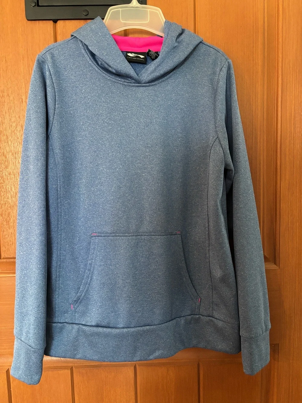 Women's Heathered Blue Pullover Hoodie with Pink Hood Lining